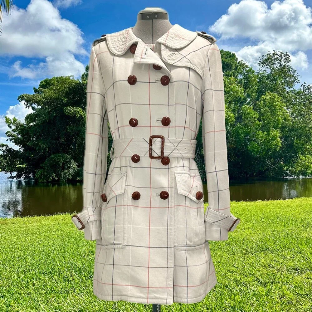 COACH 1941 Plaid Tattersall Thick Cotton Belted Trench Coat Accent Stitching 4